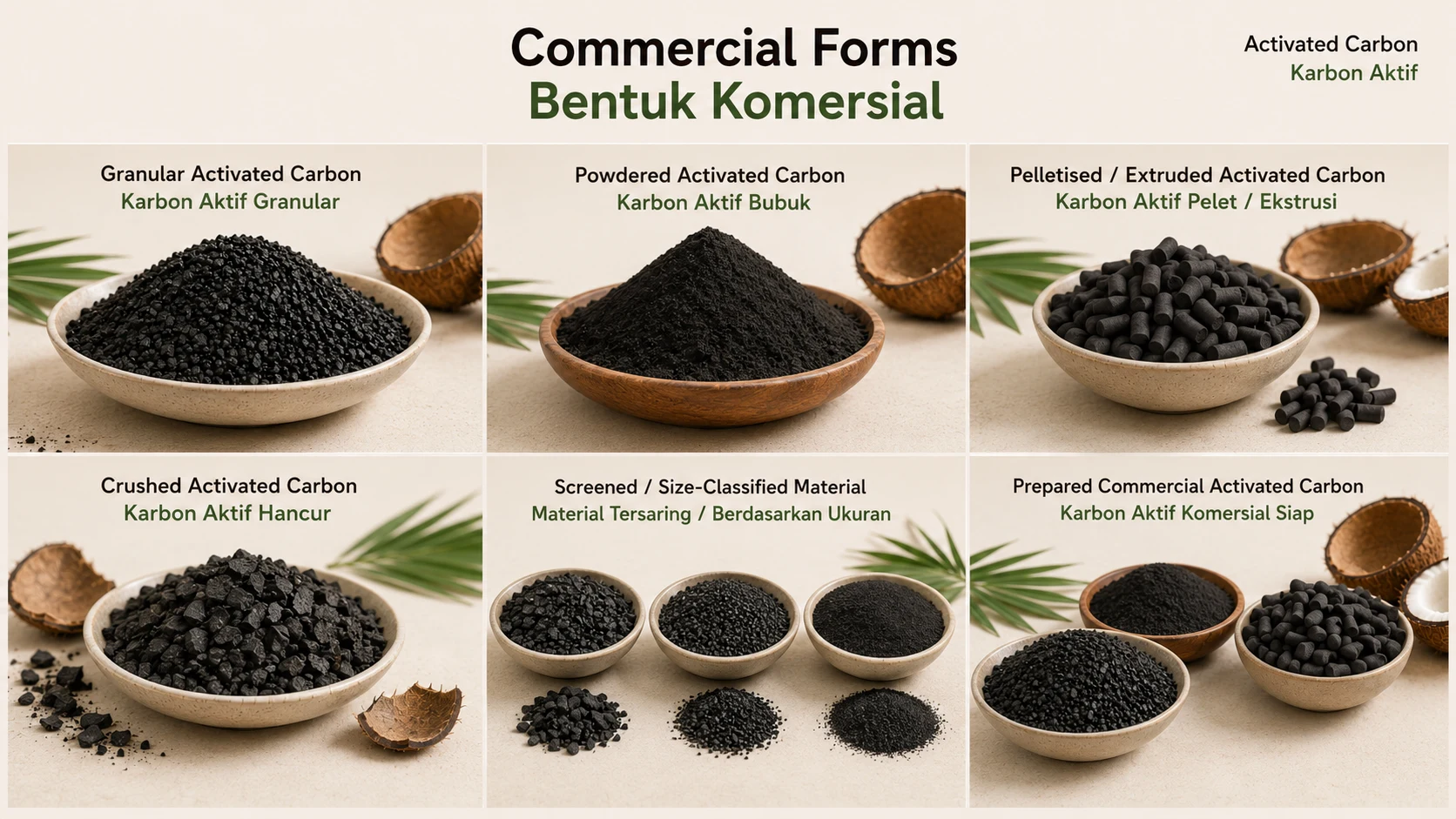 Representative granular, powdered, pelletised, crushed, size-classified and prepared commercial activated carbon forms.