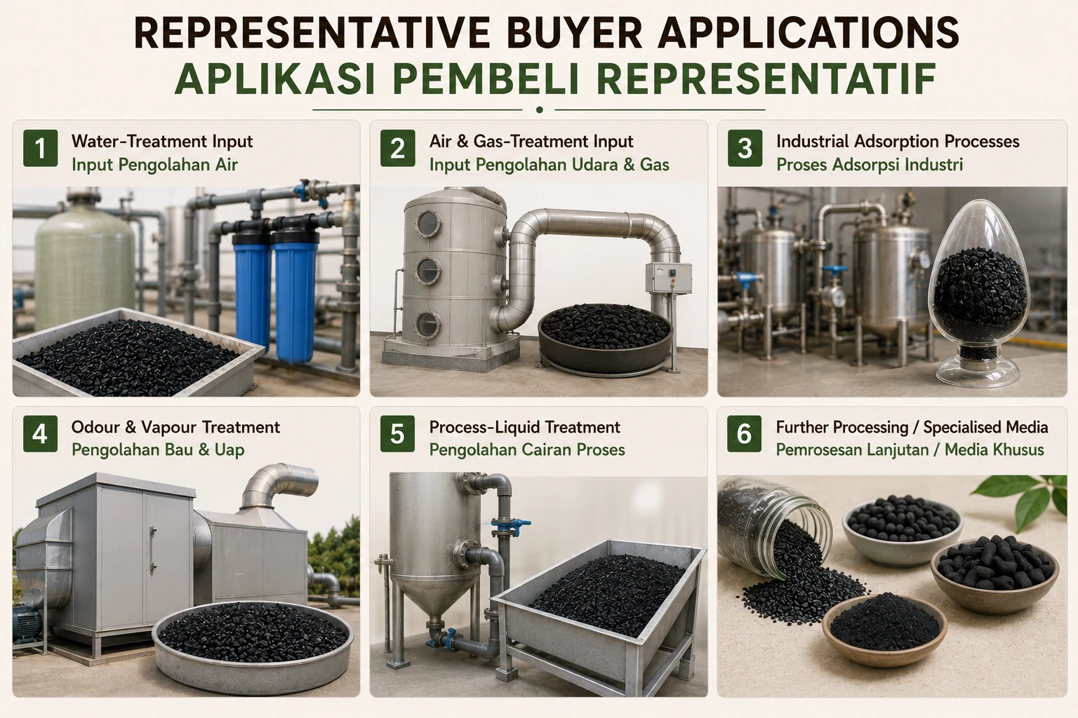 Representative activated carbon buyer applications including water-treatment input, air and gas-treatment input, industrial adsorption, odour treatment, process-liquid treatment and further processing.