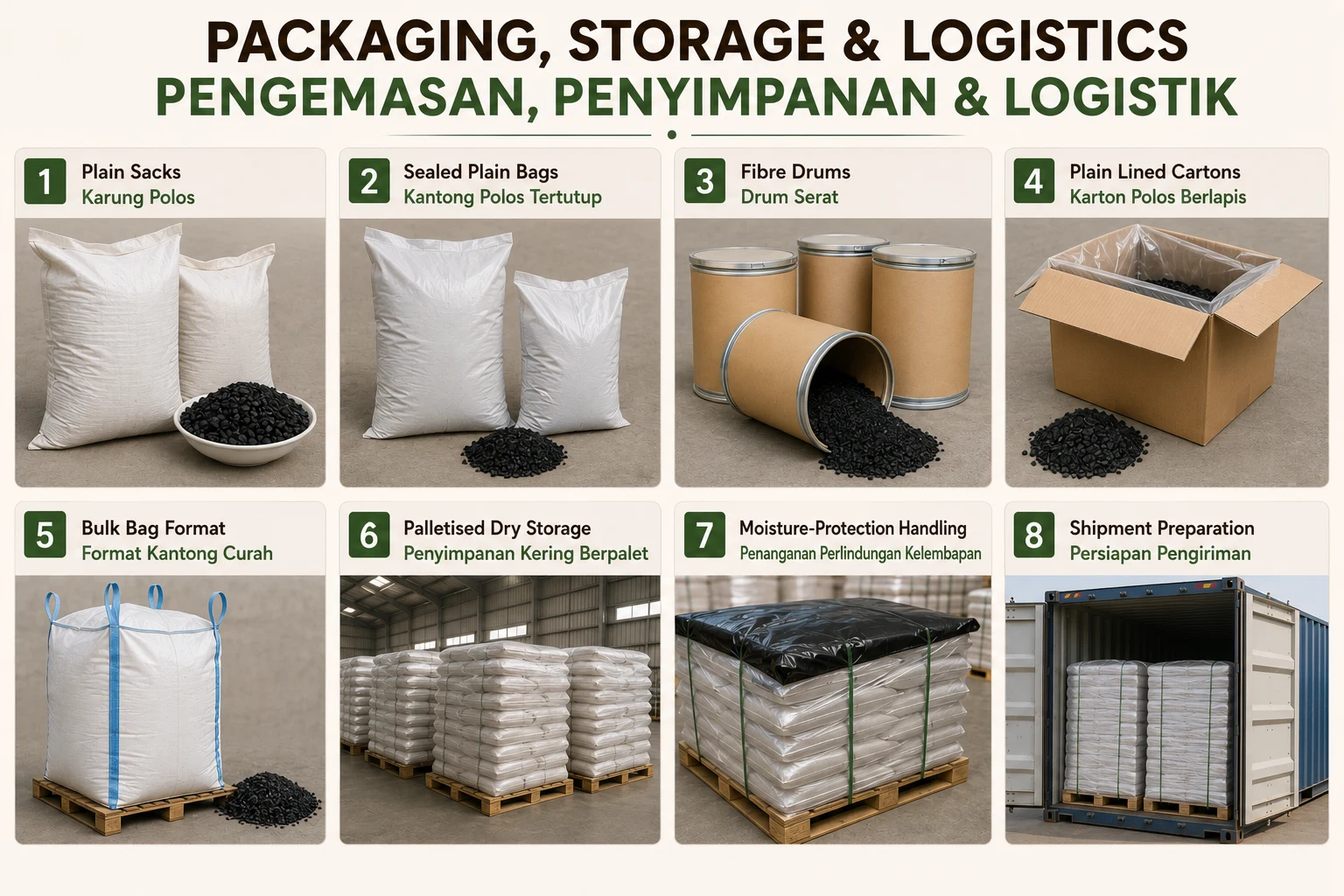 Representative activated carbon packaging, storage, moisture-protection handling and shipment preparation.