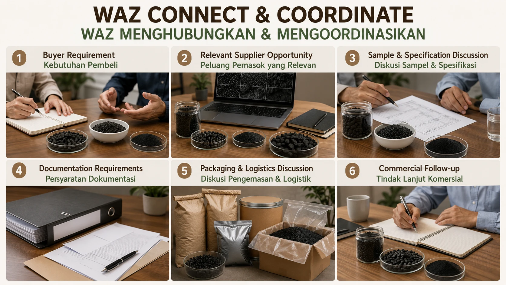 Six-stage WAZ connection and coordination pathway for activated carbon.