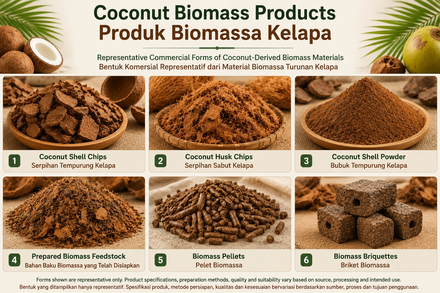 Representative coconut shell chips, coconut husk chips, coconut shell powder, prepared biomass feedstock, biomass pellets and biomass briquettes.
