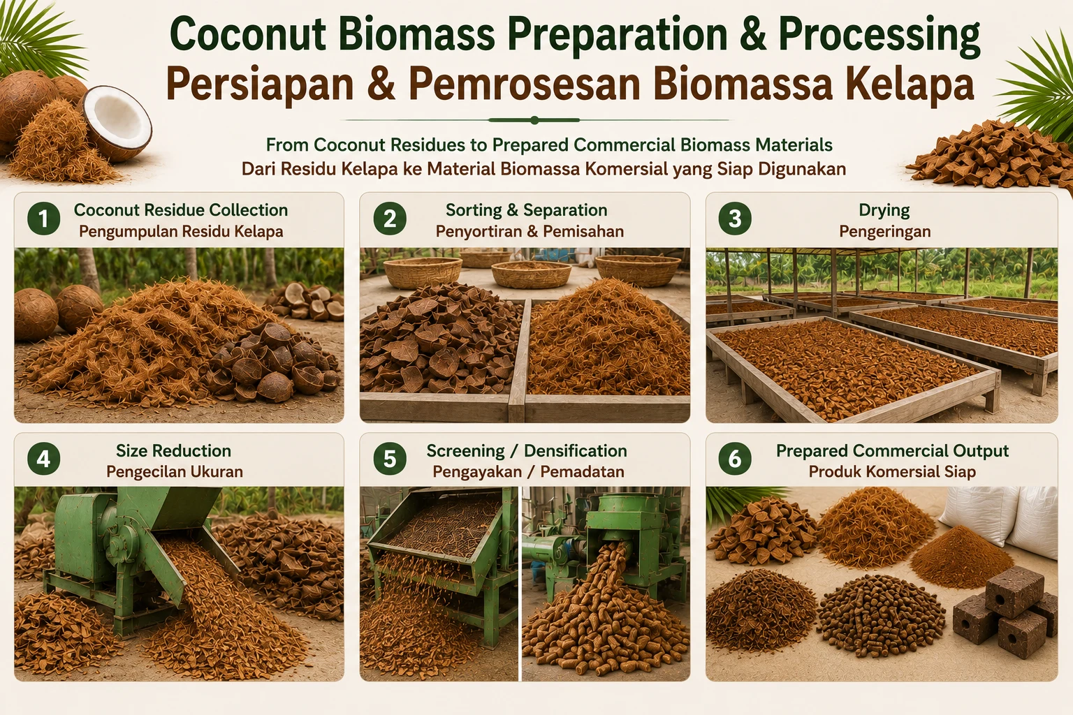 Representative coconut biomass preparation and processing sequence.