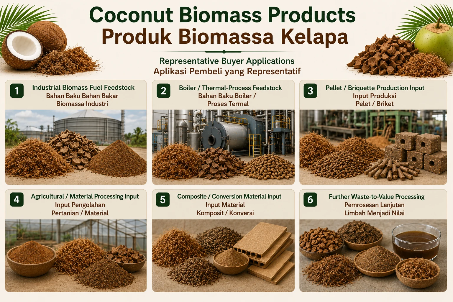 Representative coconut biomass applications including industrial fuel feedstock, thermal-process input, pellet or briquette input, agricultural or material processing, composite conversion and further waste-to-value processing.