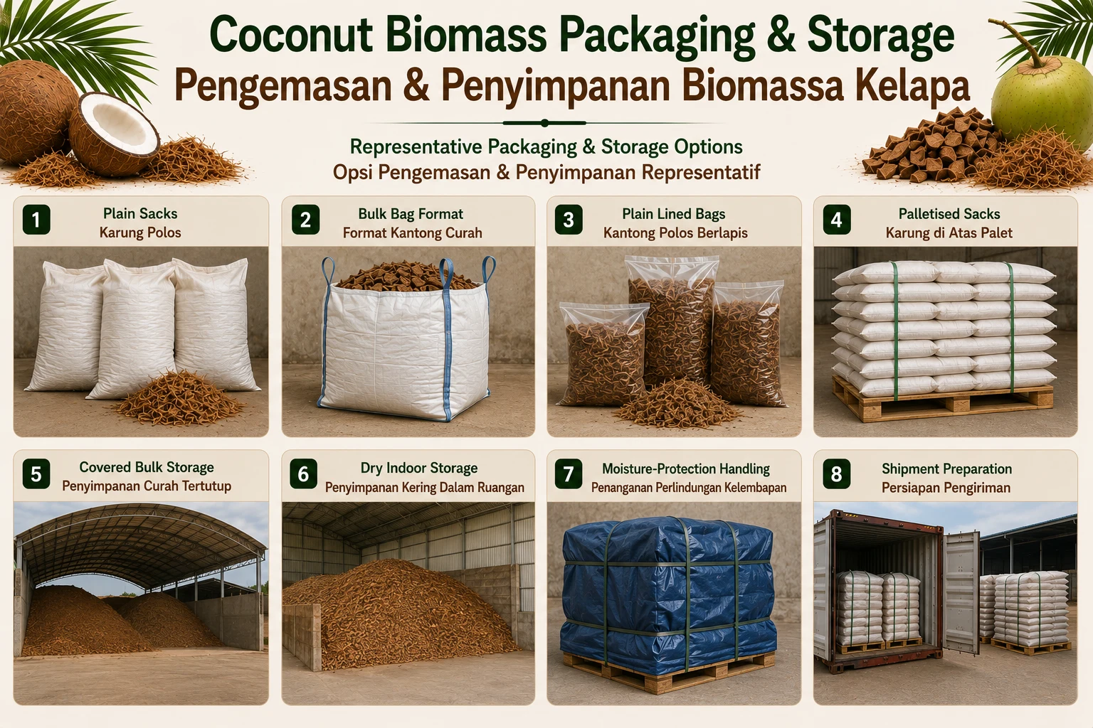 Representative coconut biomass packaging, covered storage, dry indoor storage, moisture protection and shipment preparation.