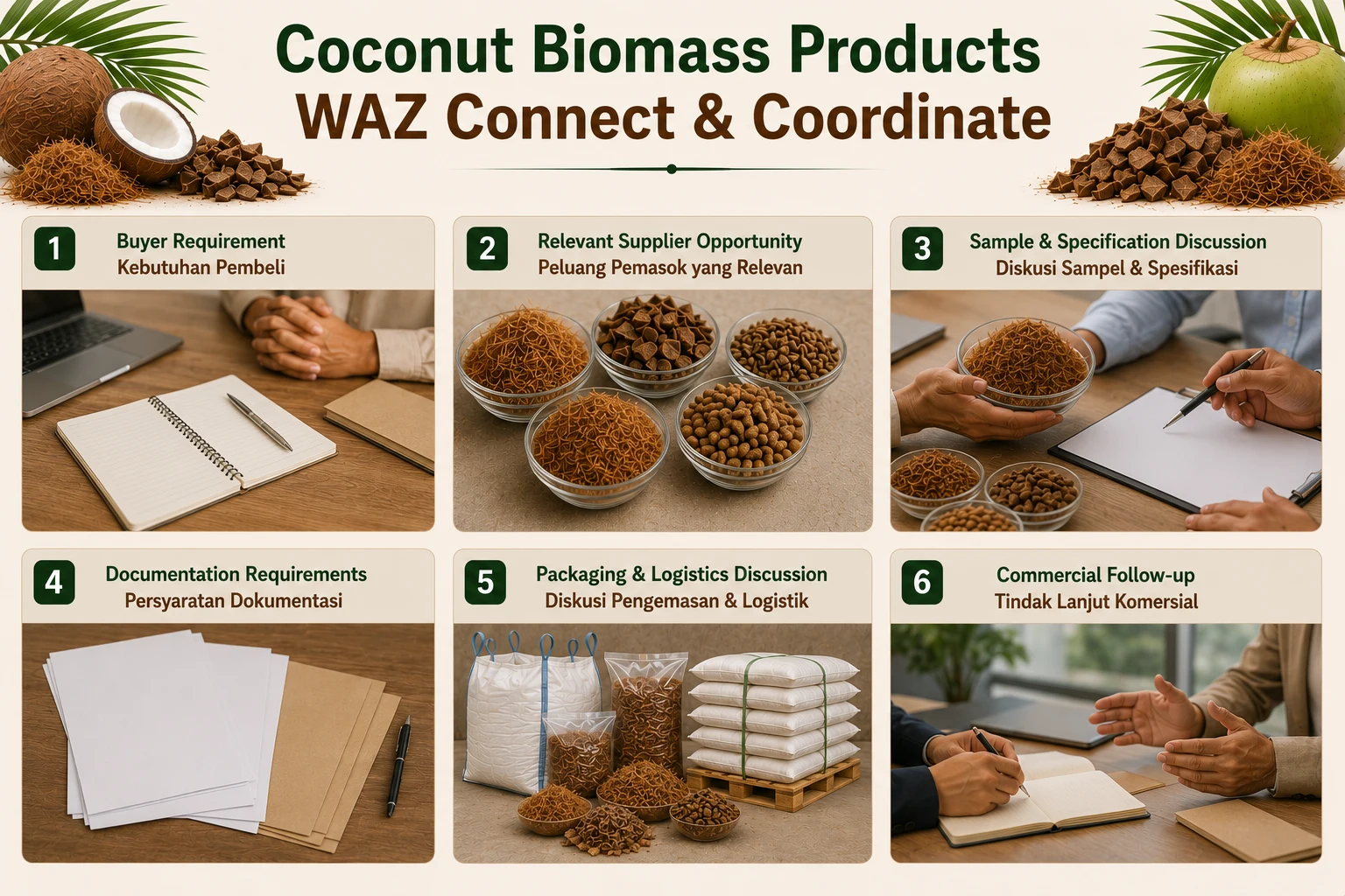 Six-stage WAZ connection and coordination pathway for coconut biomass products.