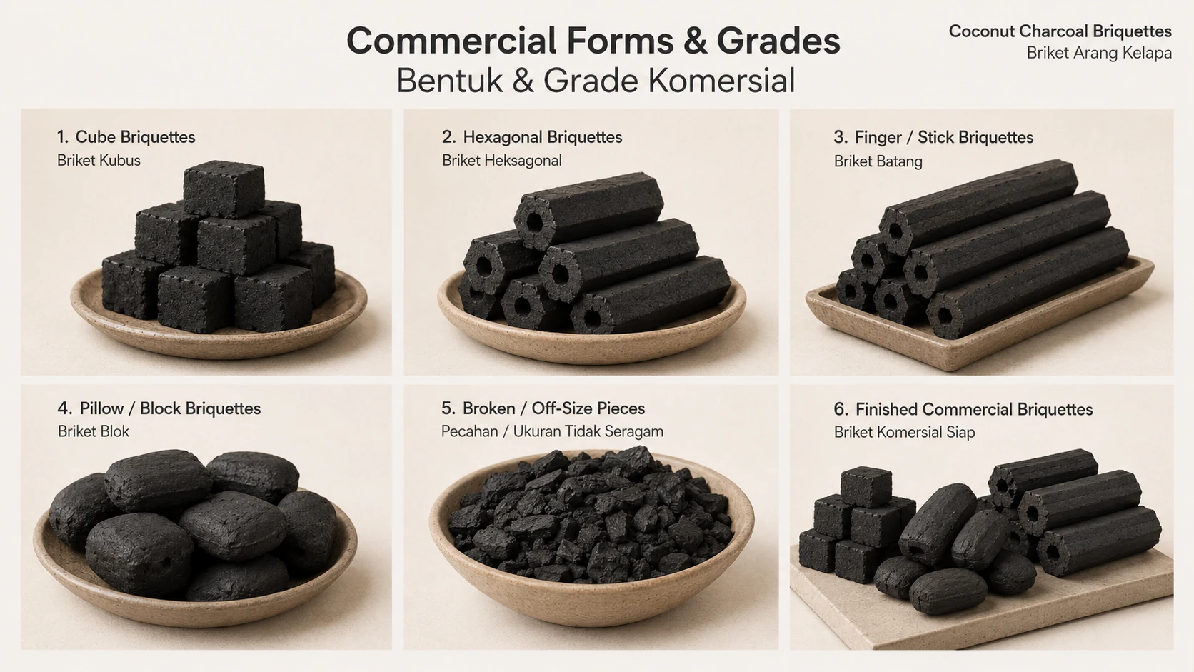 Representative cube, hexagonal, stick, block, off-size and finished coconut charcoal briquette forms.