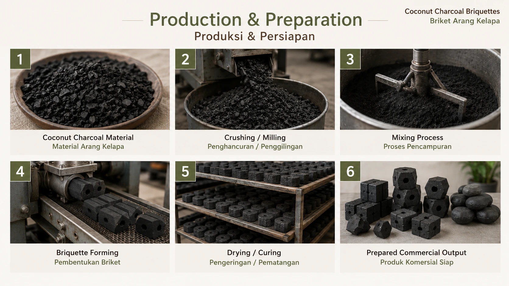 Representative coconut charcoal briquette production and preparation sequence.
