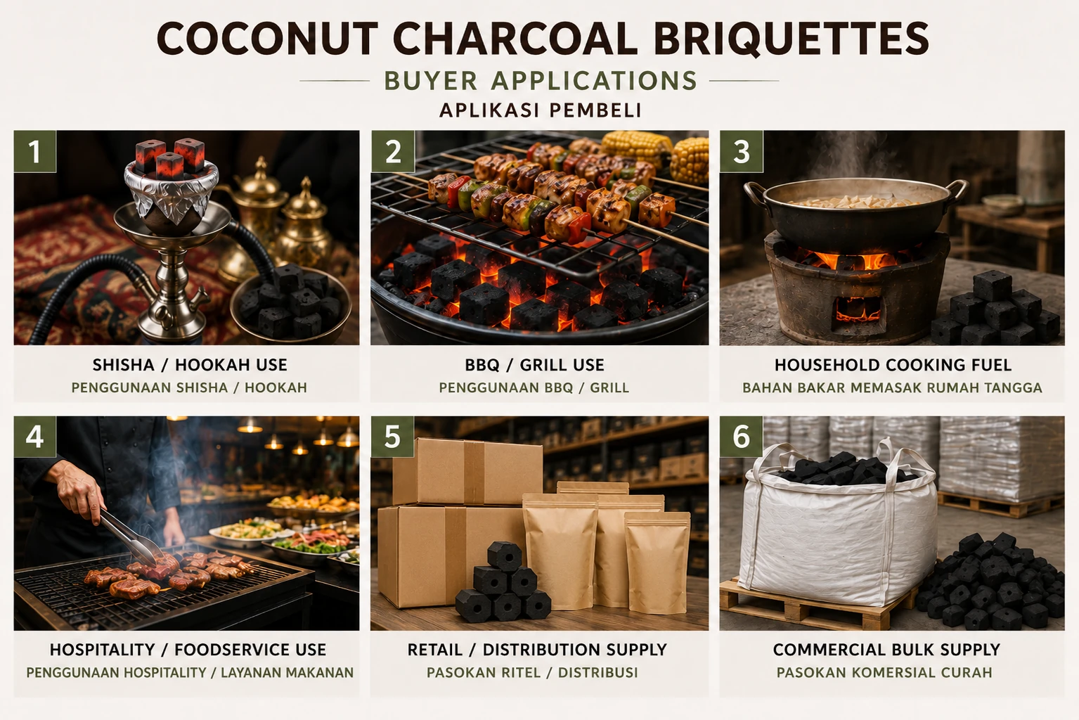 Representative shisha, grilling, household, hospitality, retail and bulk supply applications.