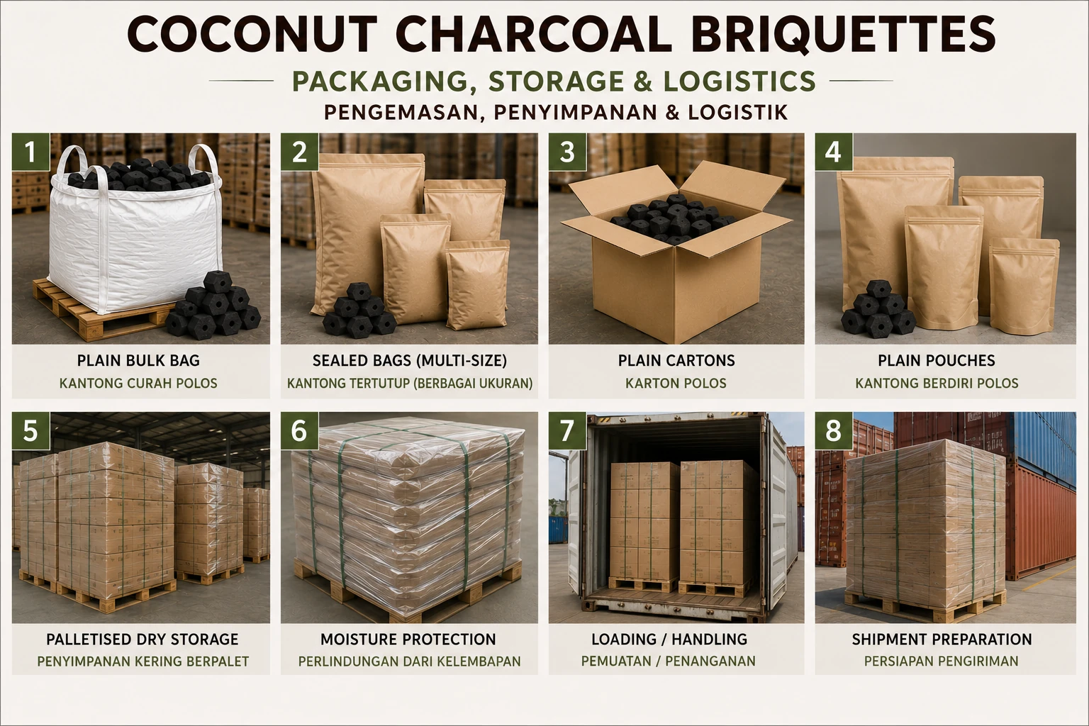 Representative coconut charcoal briquette packaging, storage, moisture protection, handling and shipment preparation.