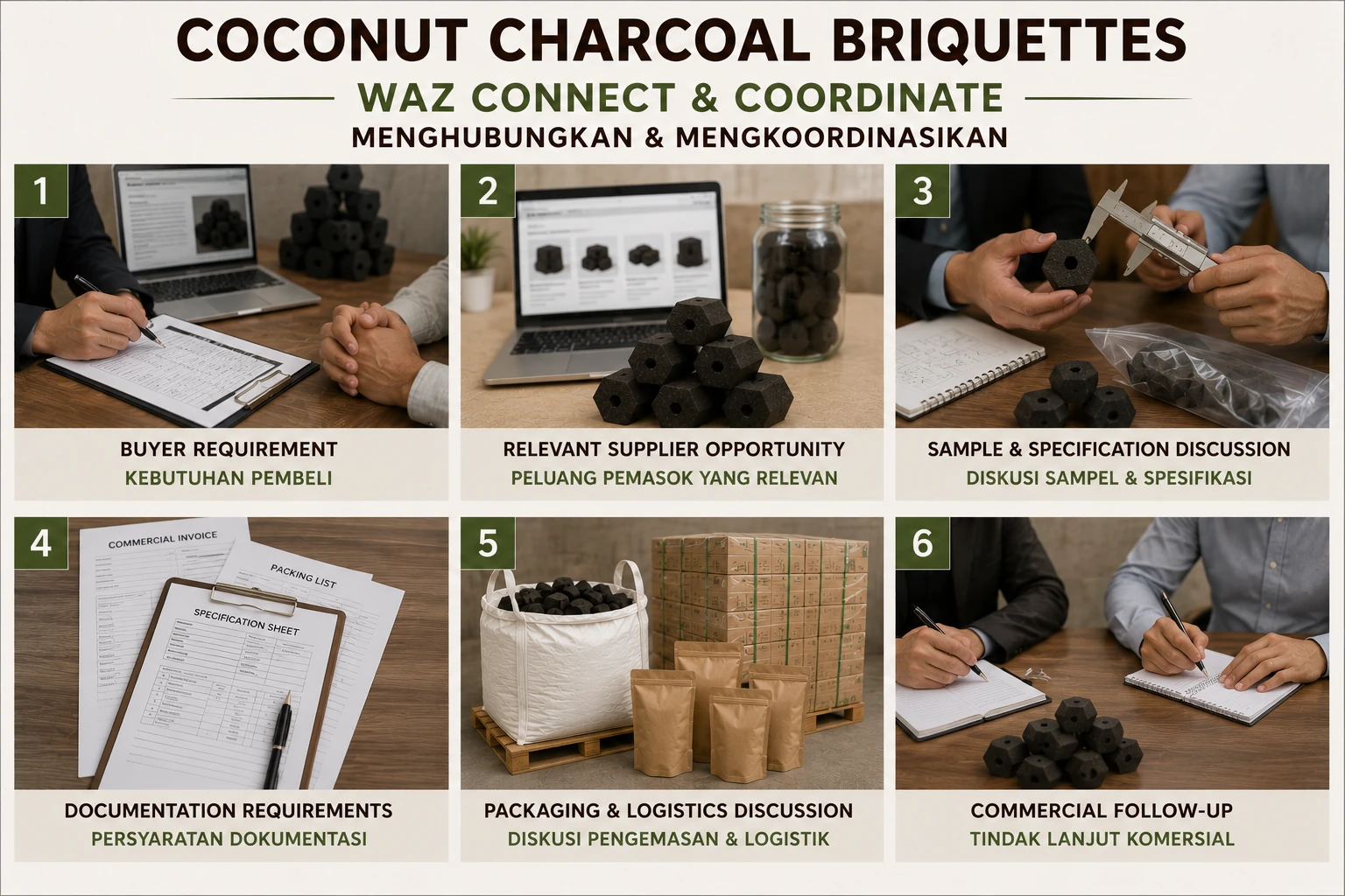 Six-stage WAZ connection and coordination pathway for coconut charcoal briquettes.