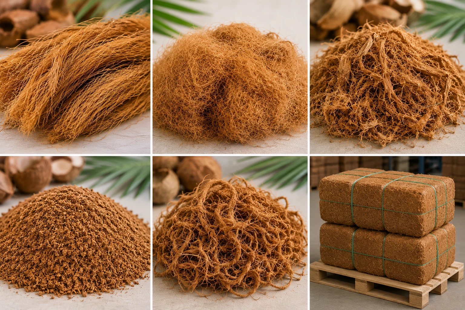 Representative long, mattress, mixed, short, curled and compressed coconut-fibre forms.