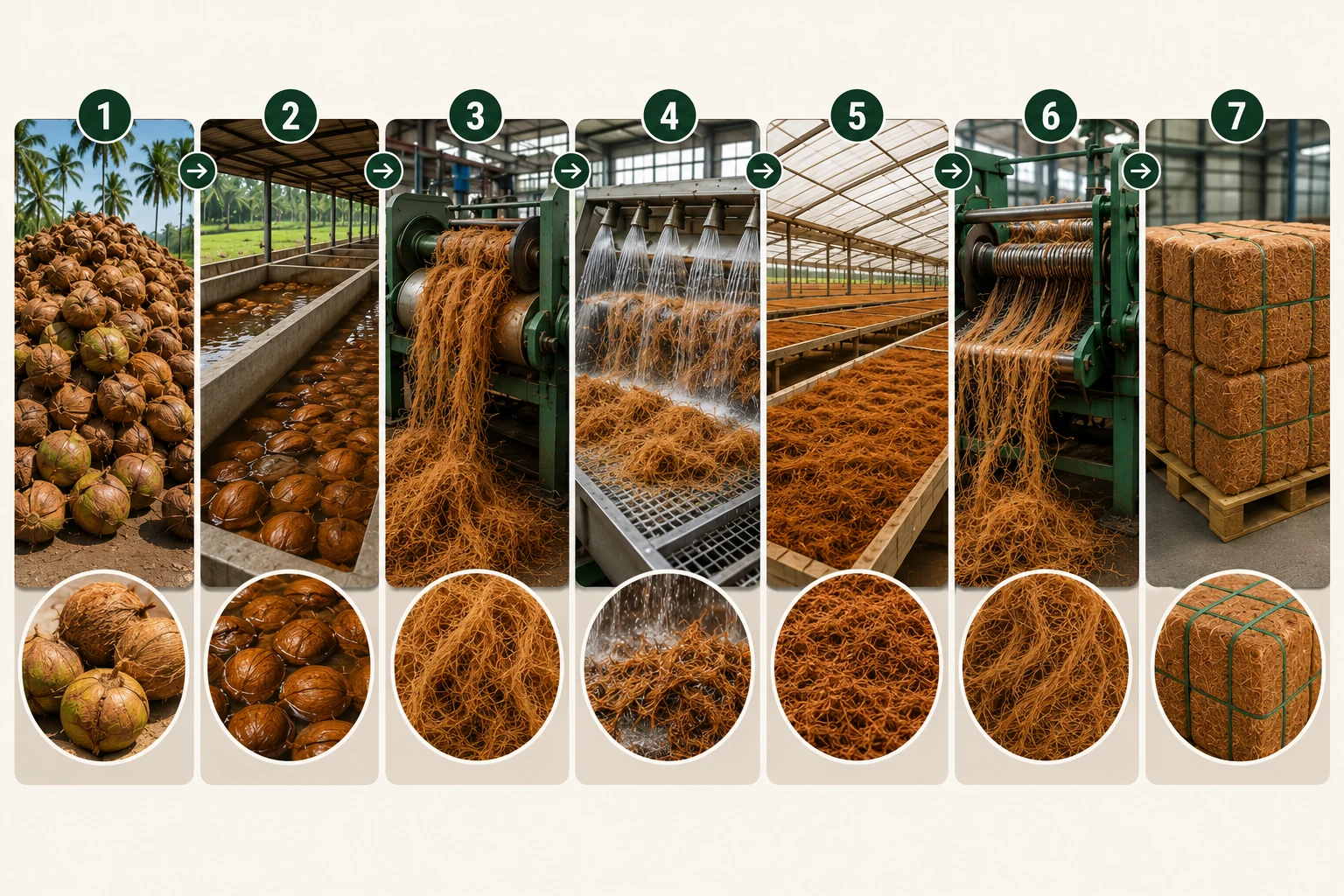 Representative seven-stage coconut-fibre processing and baling sequence.