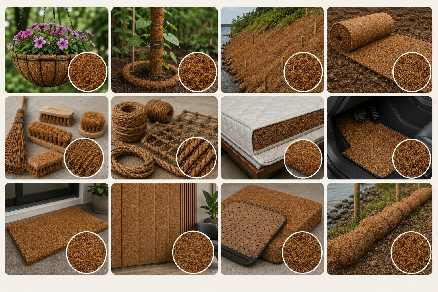 Representative coconut-fibre applications including erosion control, brushes, cordage, mats, cushioning and industrial materials.
