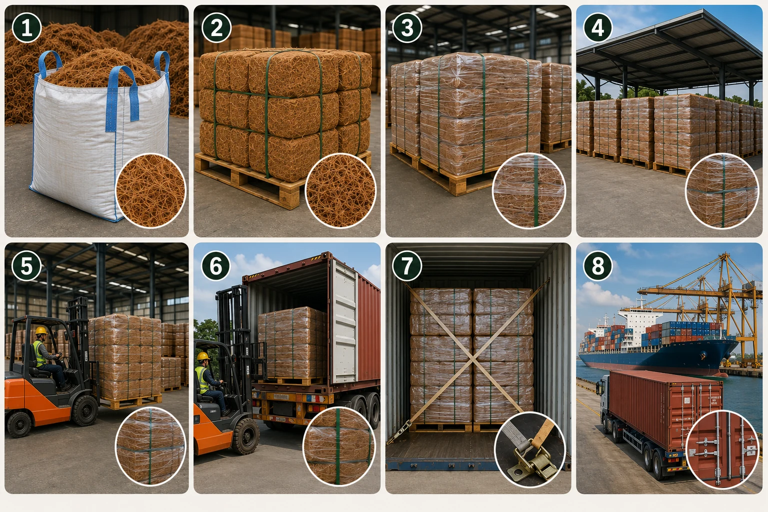 Representative coconut-fibre bagging, baling, dry storage, loading and shipment preparation.