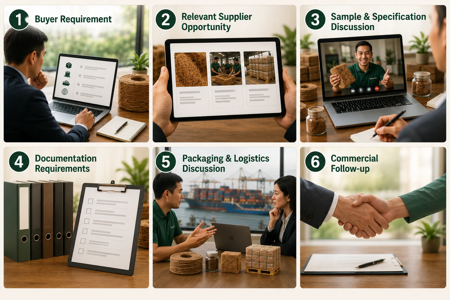 Six-stage WAZ Connect and Coordinate journey for coconut-fibre sourcing.