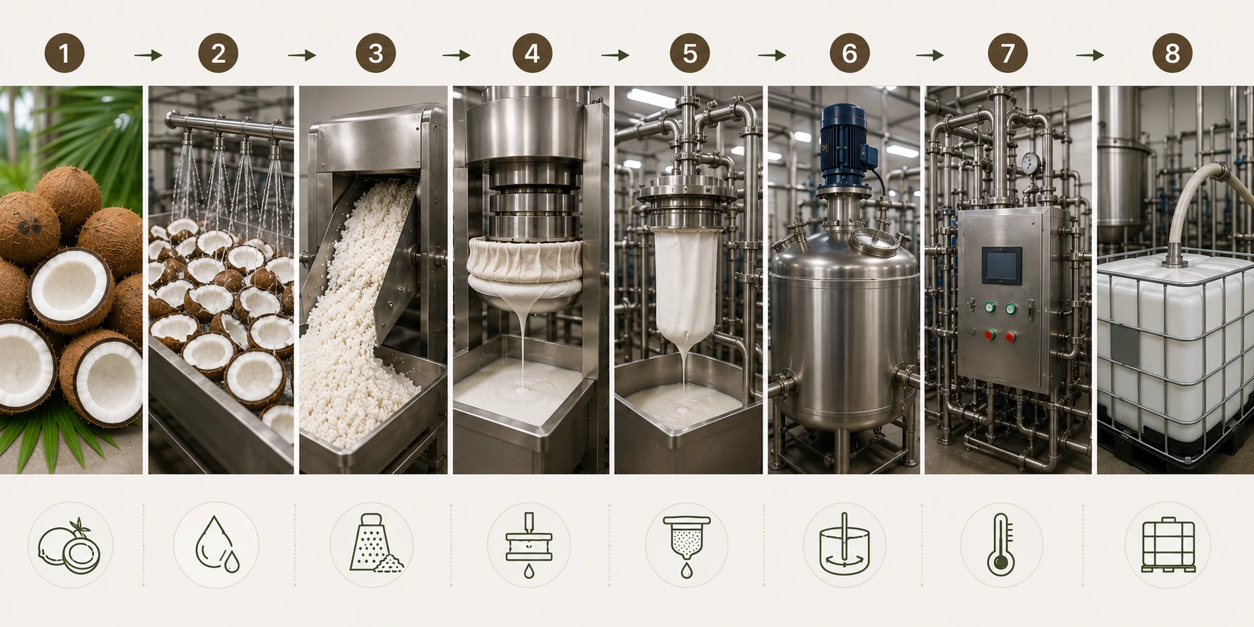 Representative hygienic coconut milk and cream processing sequence