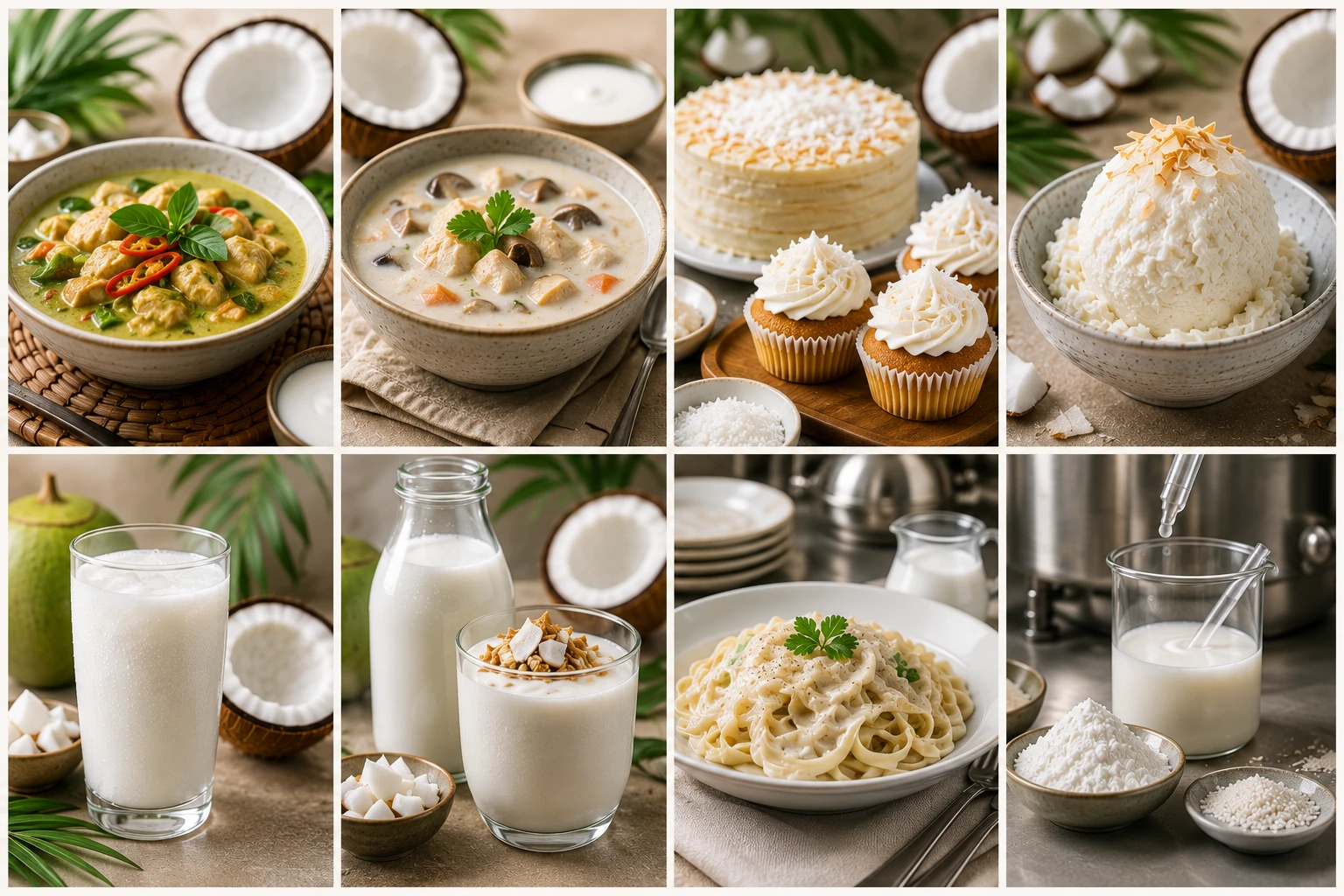 Representative coconut milk and cream applications in curries, soups, bakery, frozen desserts, beverages and food formulations