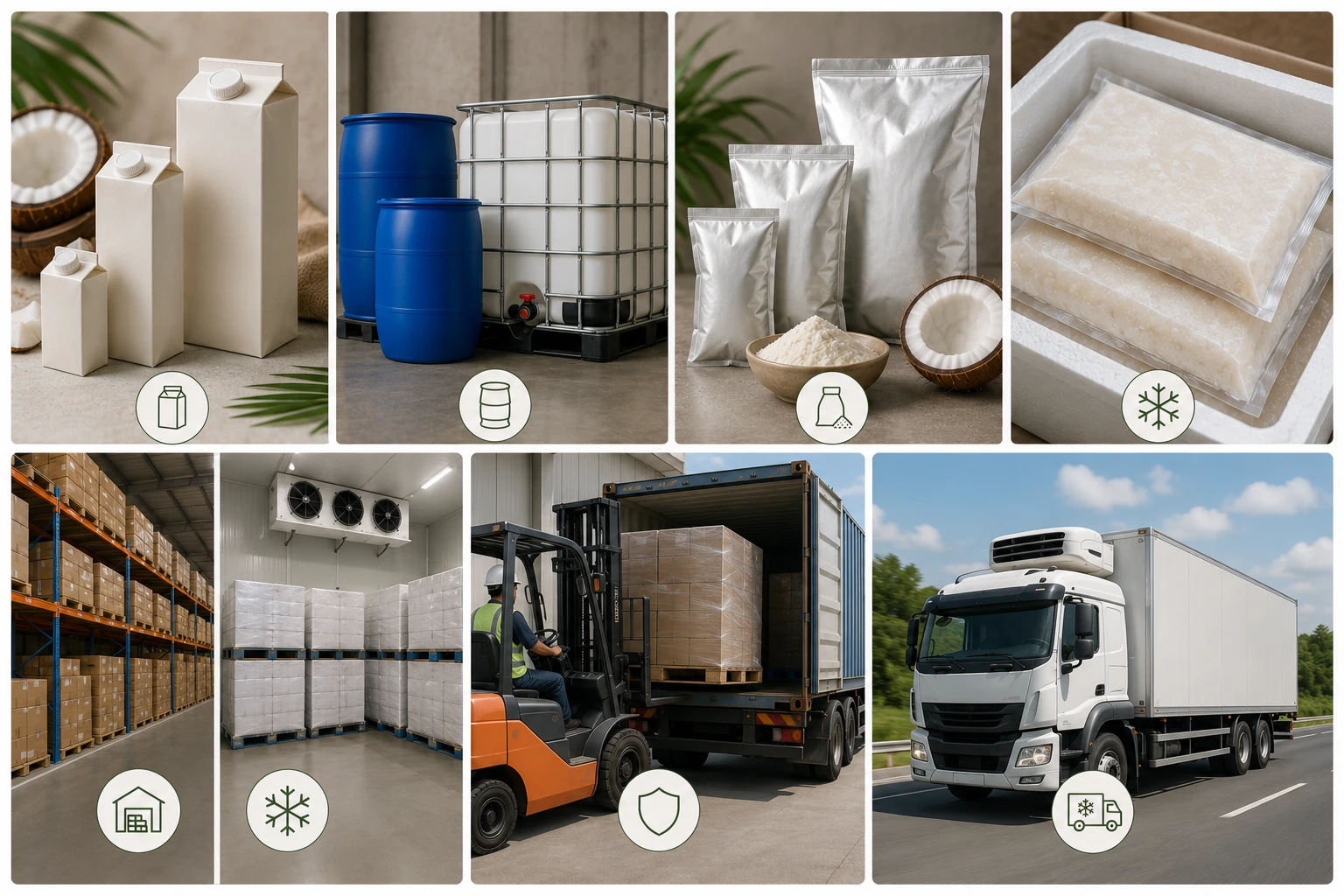 Representative ambient, chilled, frozen and dry packaging and handling formats for coconut milk and cream products