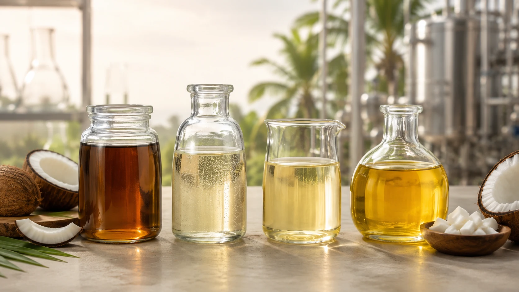 Four unbranded containers representing crude, RBD, virgin and cold-pressed coconut oil