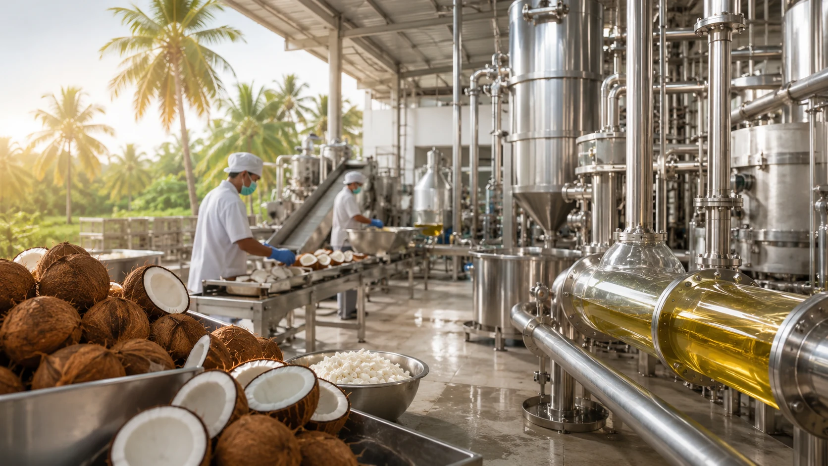 Representative coconut-oil processing environment with stainless-steel equipment