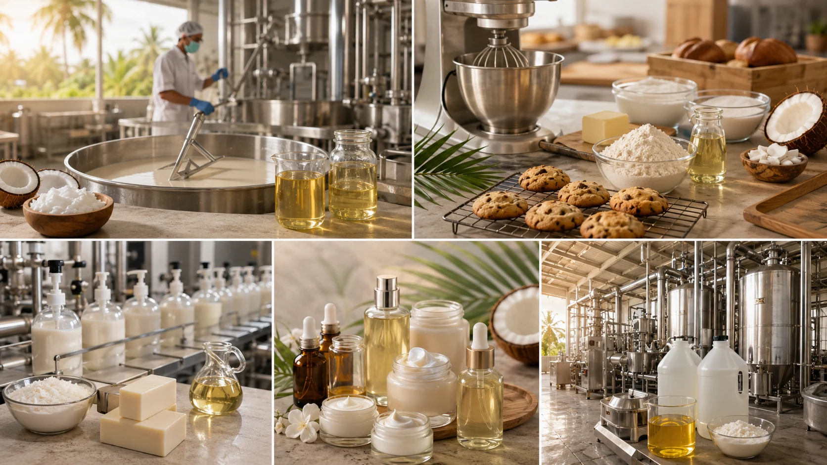 Representative coconut-oil applications in food, bakery, personal care, soap and industrial processing