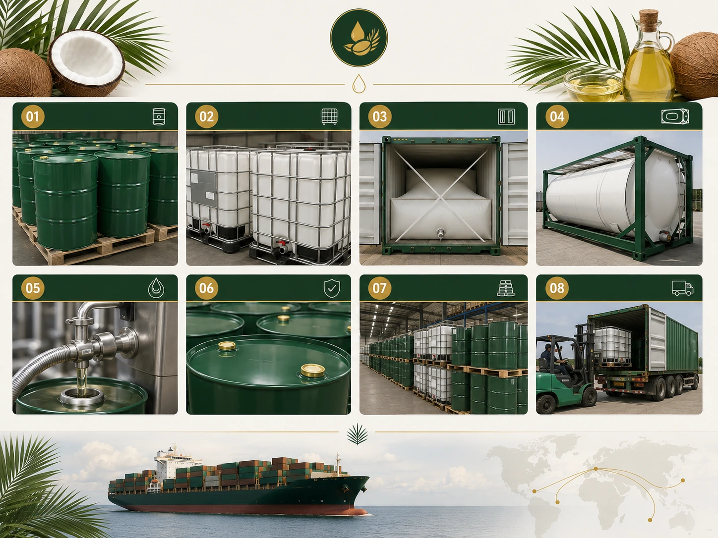 Representative coconut-oil packaging and logistics formats including drums, IBCs, flexitank preparation, tank container and shipment preparation