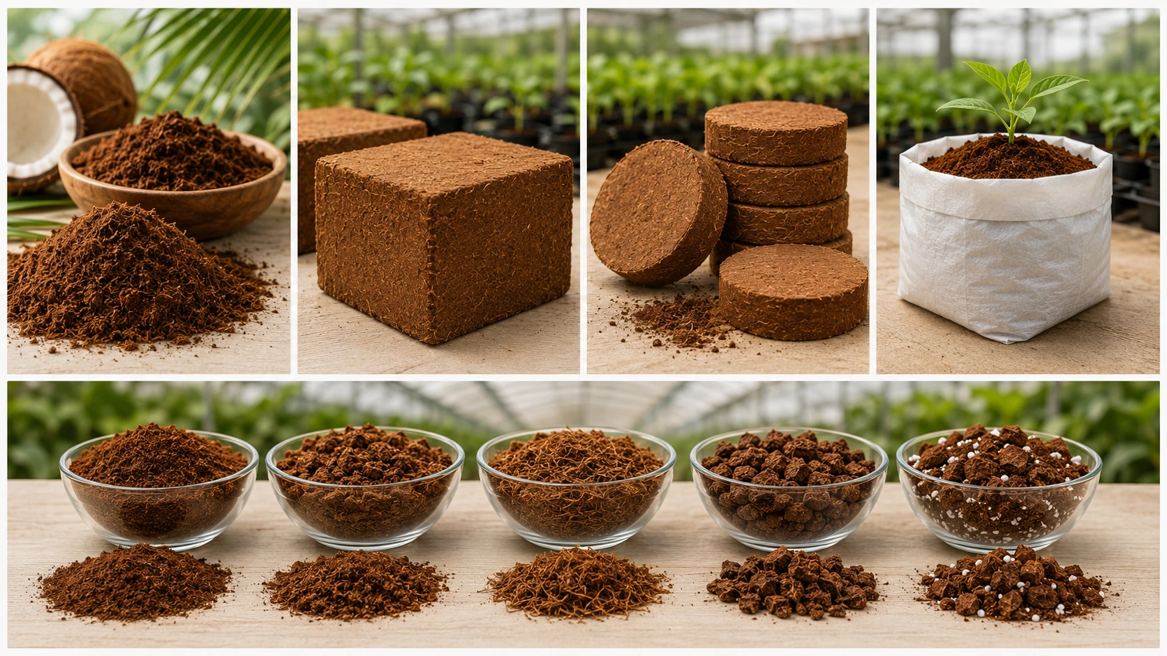Representative loose, compressed, briquette, disc, grow-bag and blend coco-peat formats.