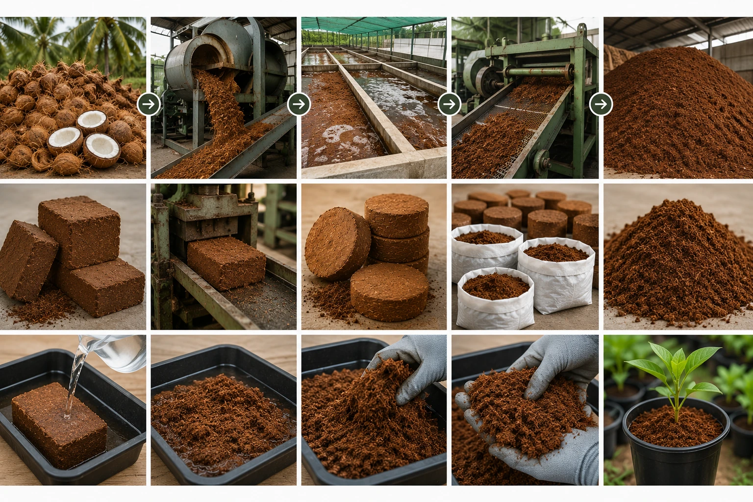 Representative coco-peat separation, screening, washing, drying, compression and preparation sequence.