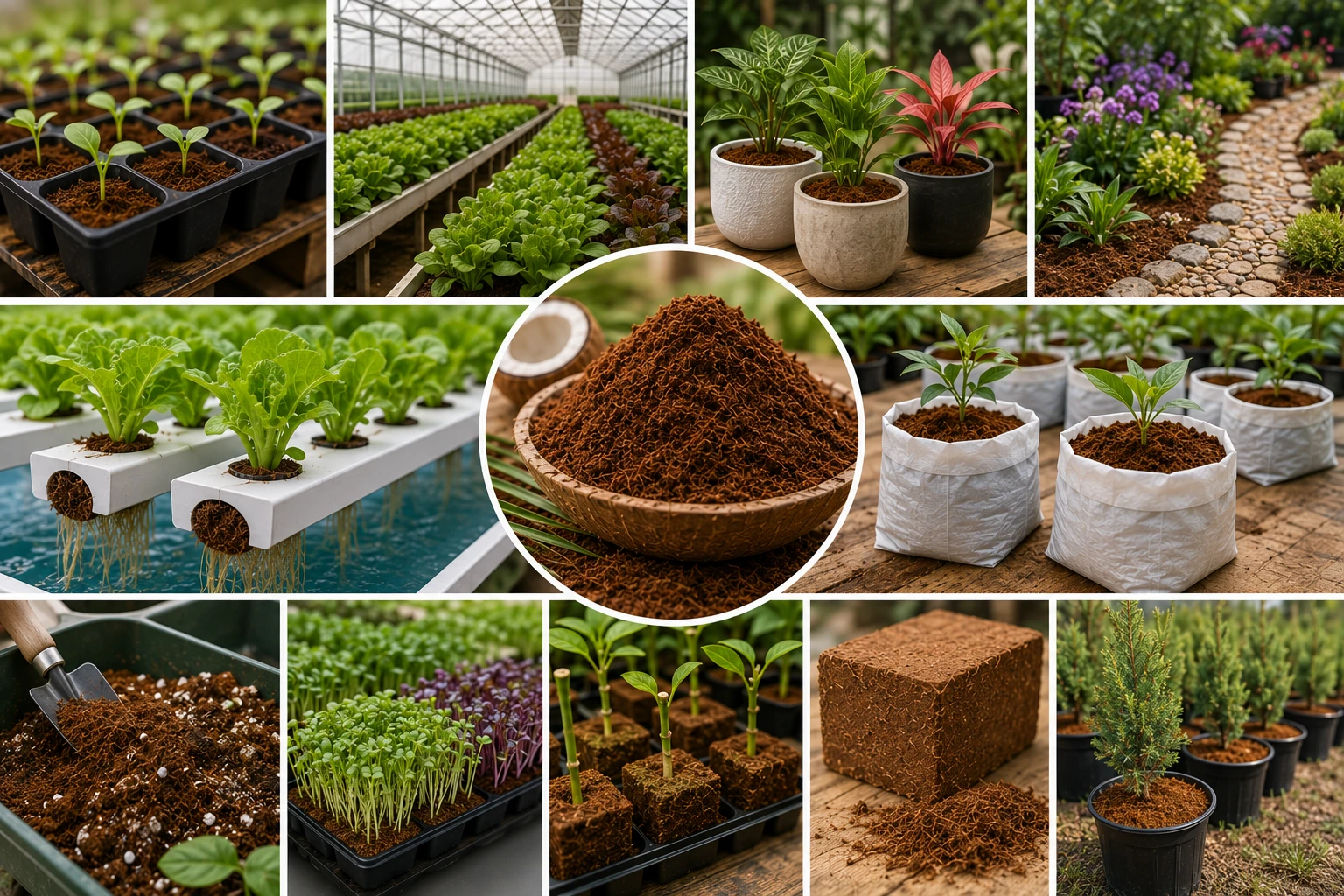 Representative coco-peat applications in nurseries, greenhouses, hydroponic systems, grow bags, potting mixes and landscaping.