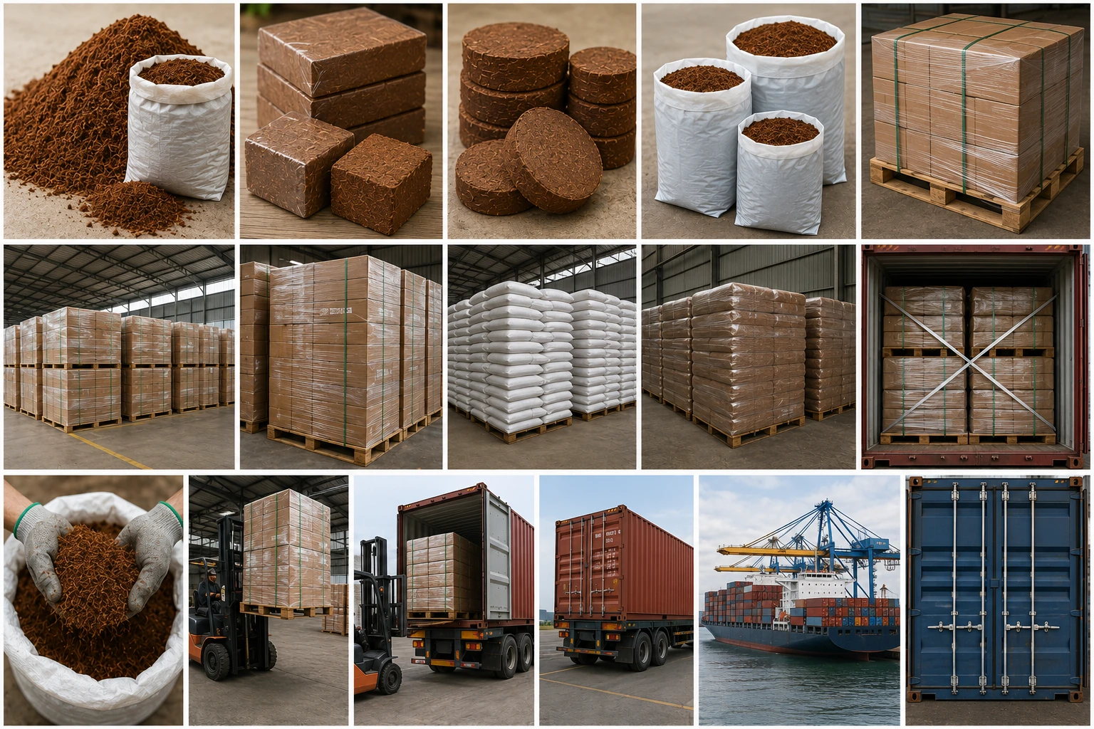 Representative coco-peat bags, blocks, palletised dry storage, loading and container shipment preparation.