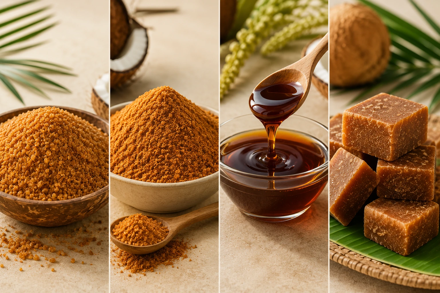 Granulated, powdered, syrup and block coconut-sugar formats.