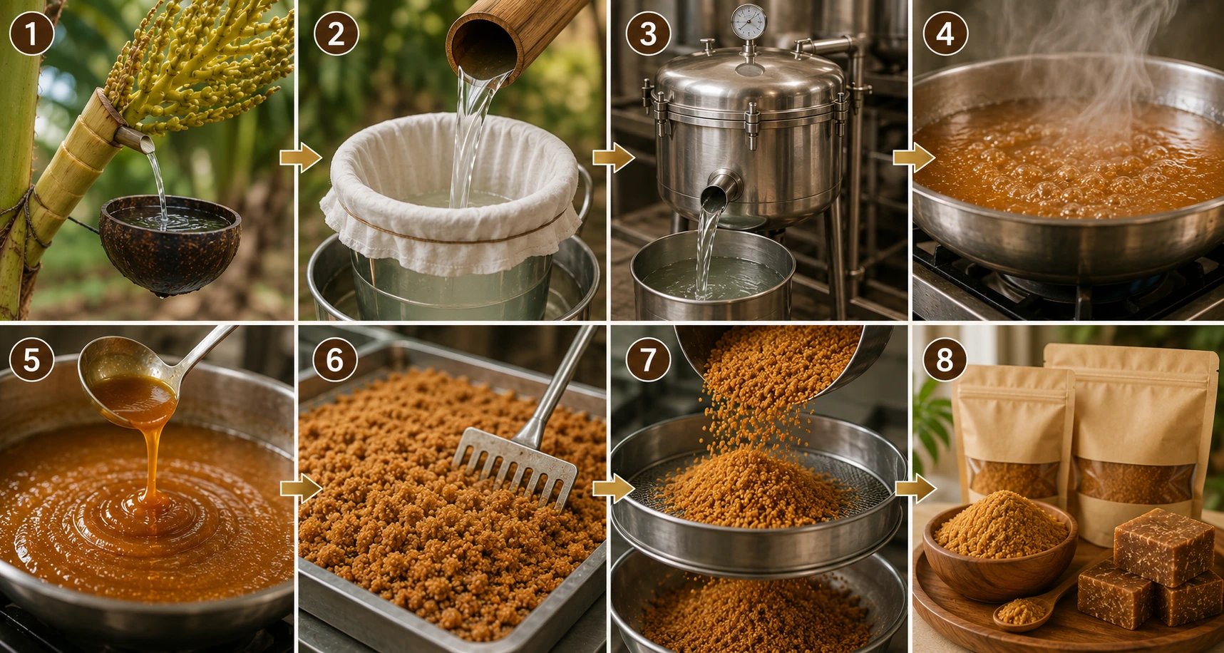 Representative coconut-sap collection and coconut-sugar processing sequence.