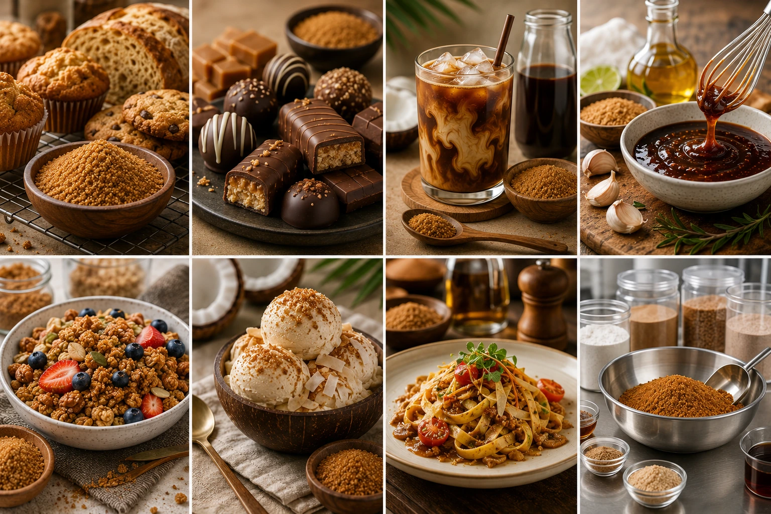 Representative coconut-sugar applications in bakery, confectionery, beverages, sauces, cereals, frozen desserts and food formulations.