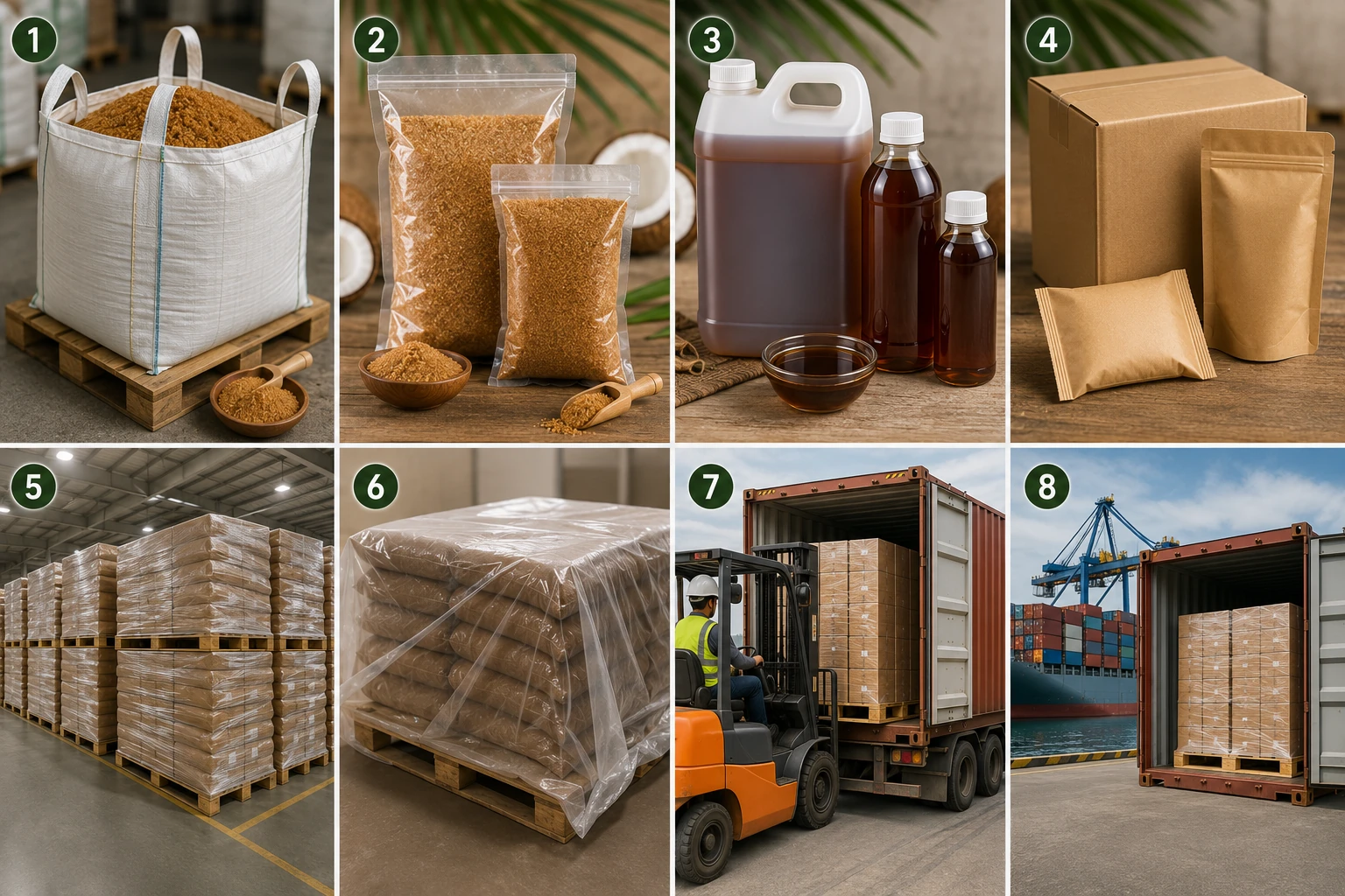Representative moisture-protected packaging, dry storage and loading for coconut-sugar products.