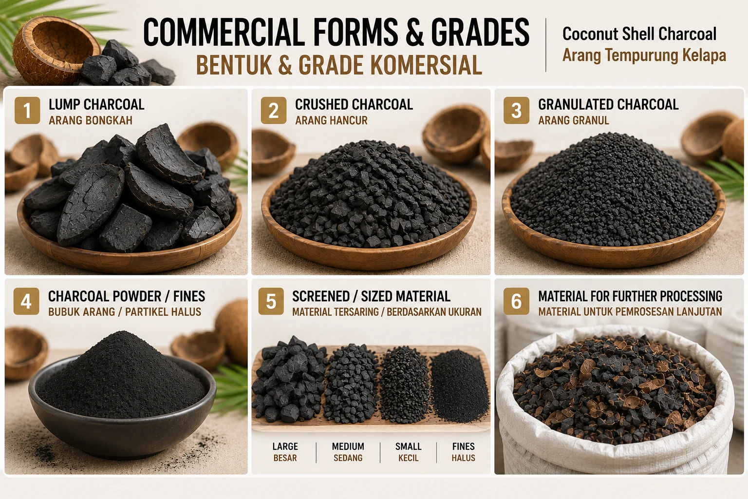 Representative lump, crushed, granulated, powder, screened and further-processing coconut shell charcoal forms.