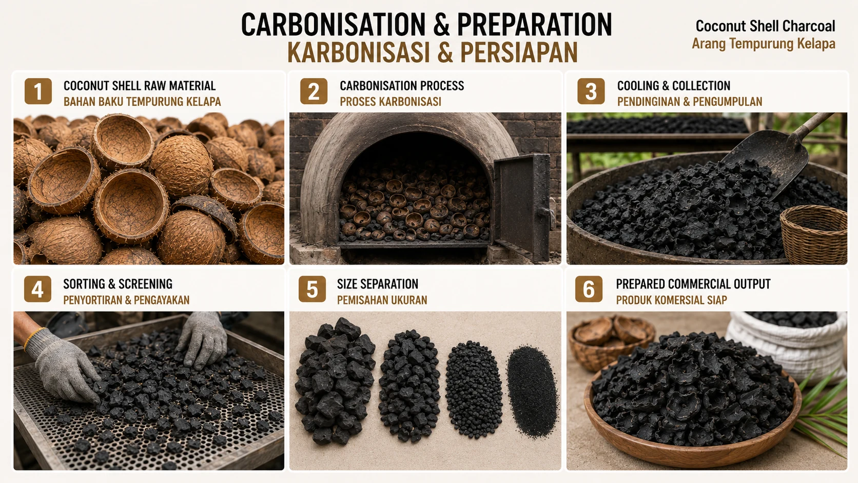 Representative coconut shell charcoal carbonisation and preparation sequence.