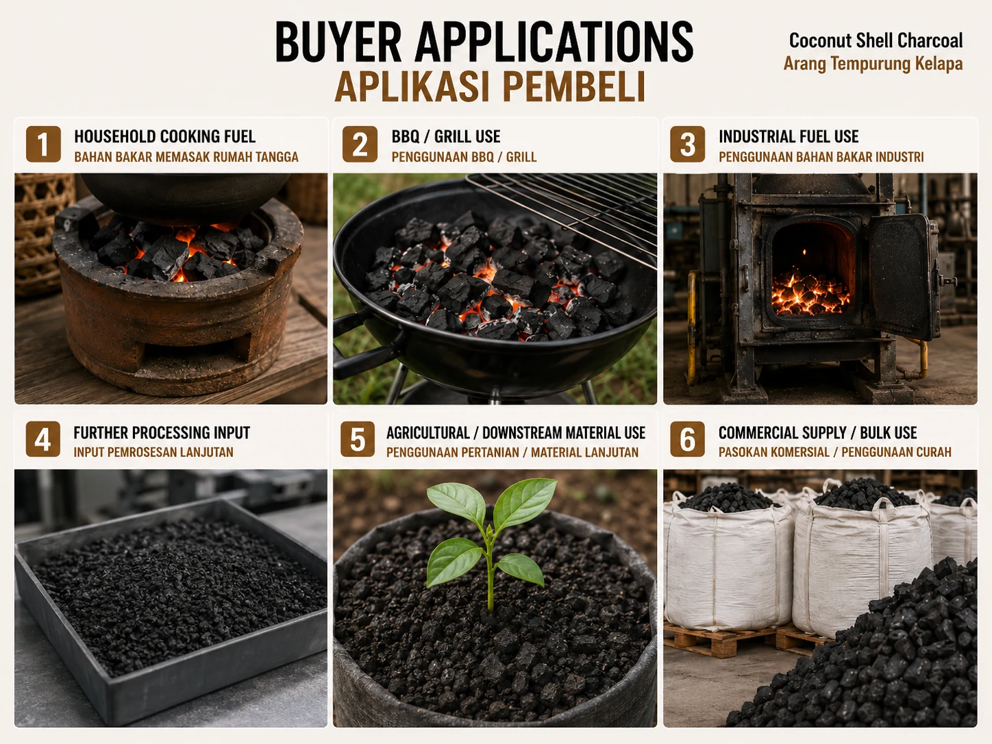 Representative household, grill, industrial, further-processing, agricultural and bulk-use applications.