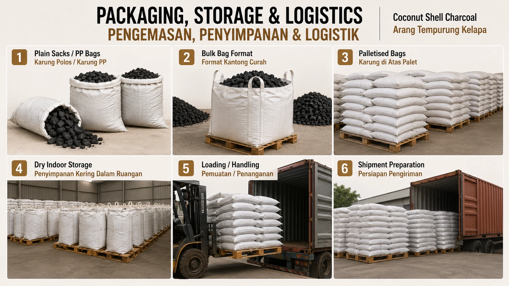 Representative coconut shell charcoal packaging, dry storage, loading and shipment preparation.