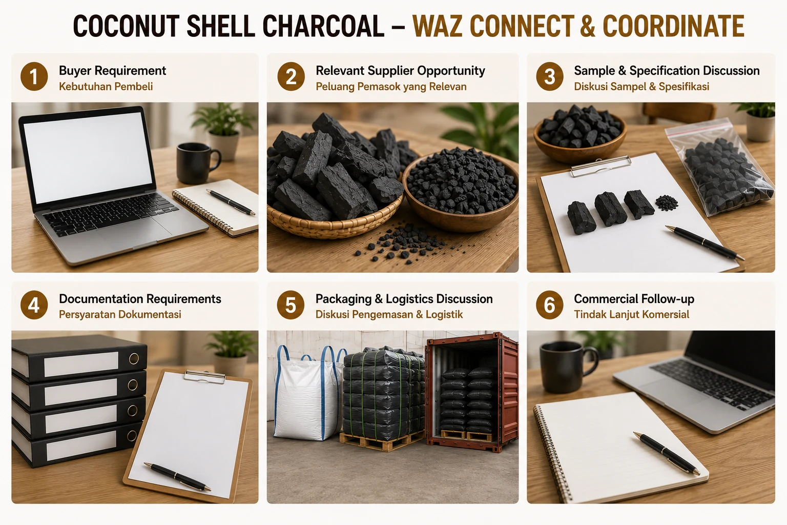 Six-stage WAZ connection and coordination pathway for coconut shell charcoal.