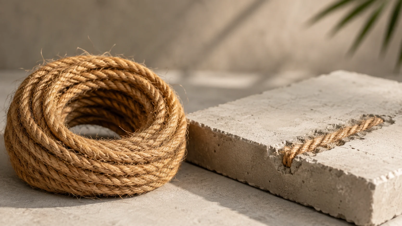 Coir rope beside a mortar test panel for practical and engineering applications
