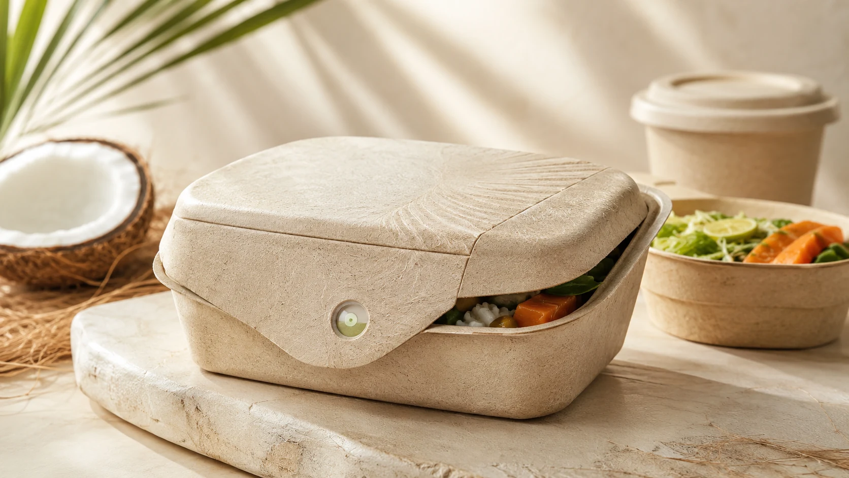 Coconut-derived smart food packaging in a clean product scene