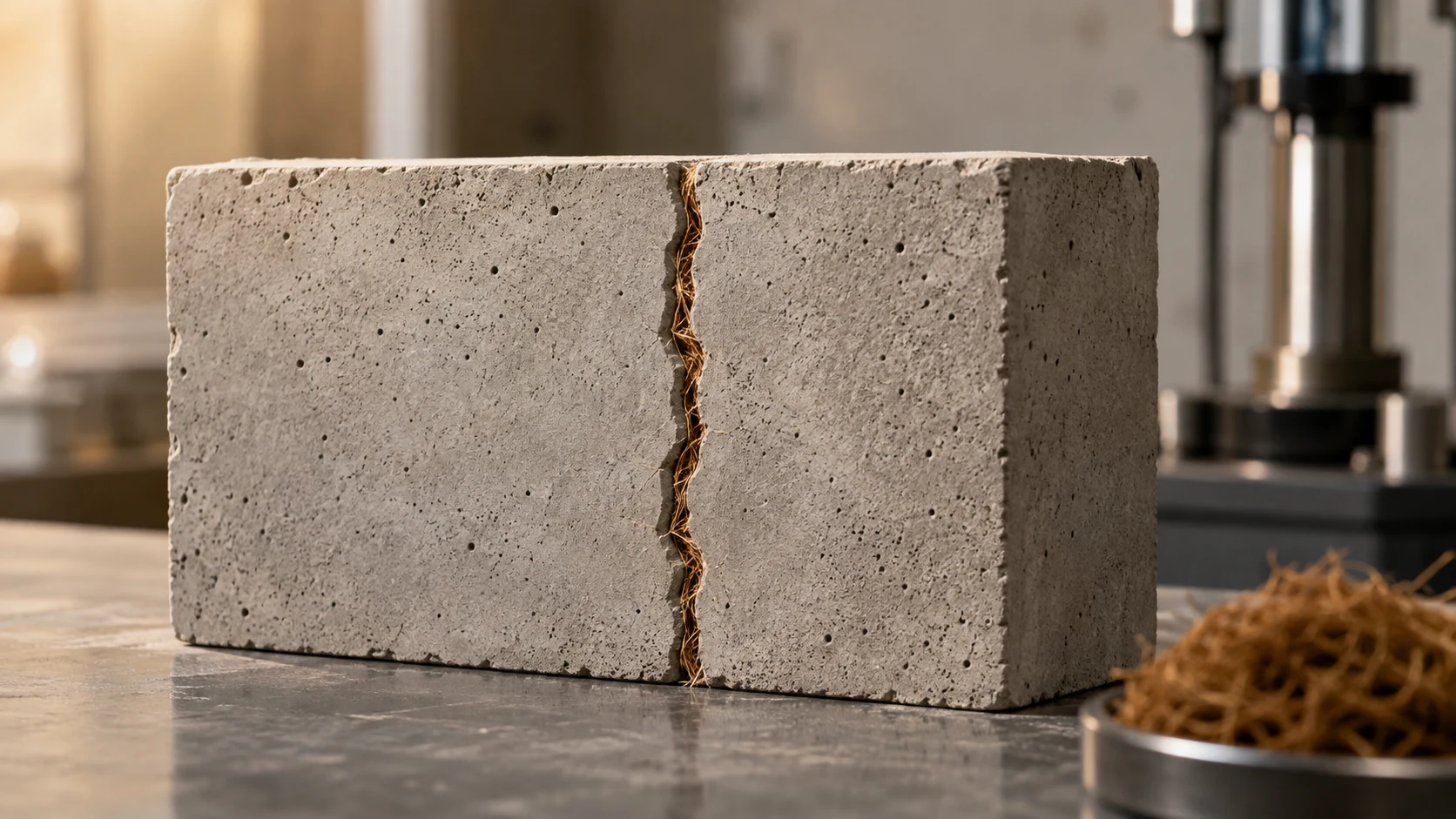 Concrete test specimen with a controlled crack and visible coir reinforcement