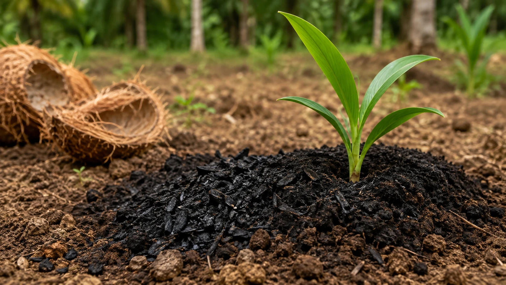 Coconut husk biochar supporting a healthy young plant in field soil