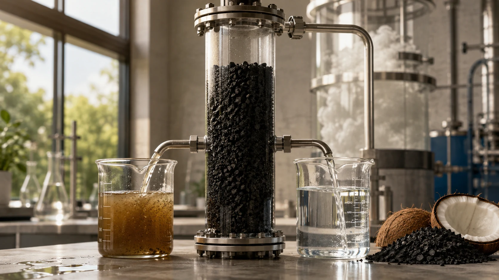 Coconut-waste biochar used for environmental adsorption in a laboratory setting