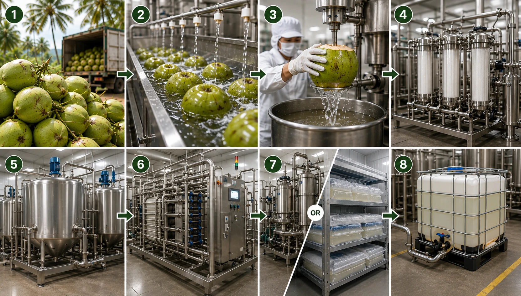 Representative hygienic coconut-water extraction and processing sequence