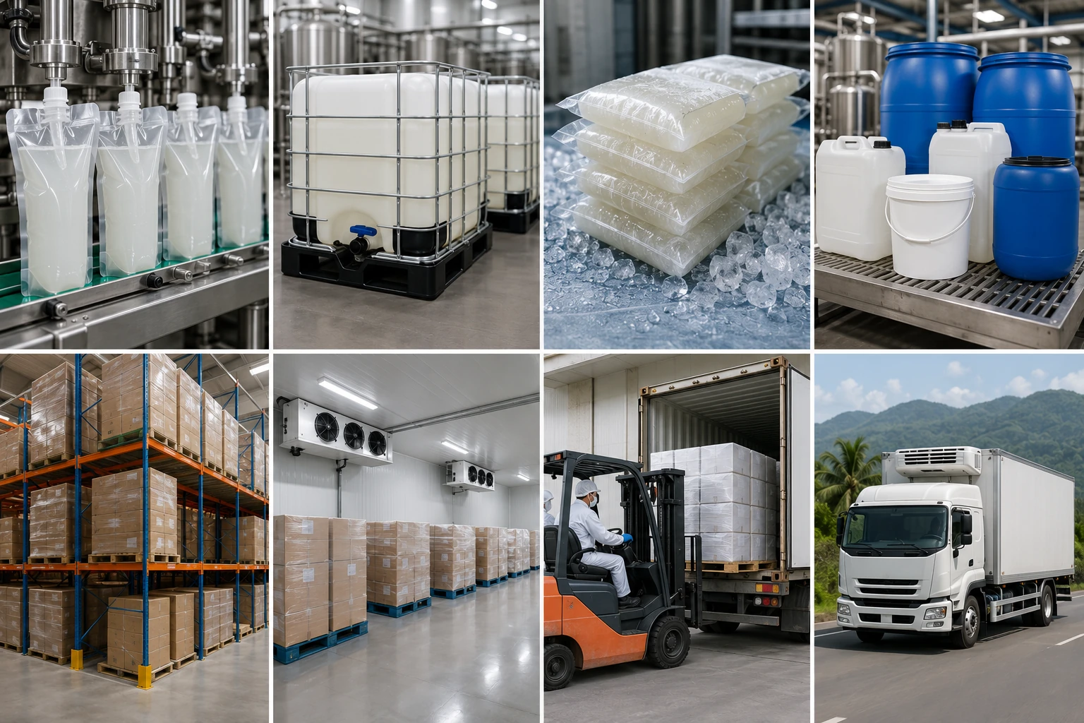 Representative ambient, chilled, frozen and bulk packaging and logistics formats for coconut water