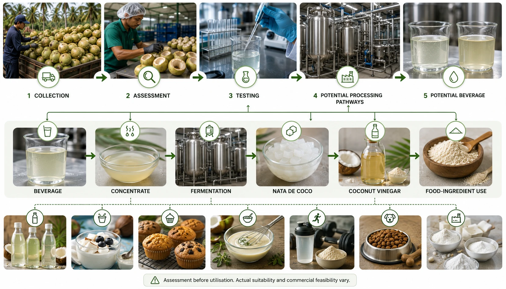 Representative assessment pathways for mature-coconut water utilisation