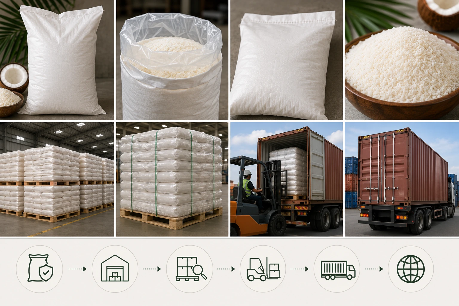 Representative food-grade desiccated-coconut packaging, dry storage and shipment preparation
