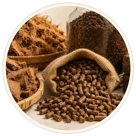 Prepared coconut biomass pellets and materials
