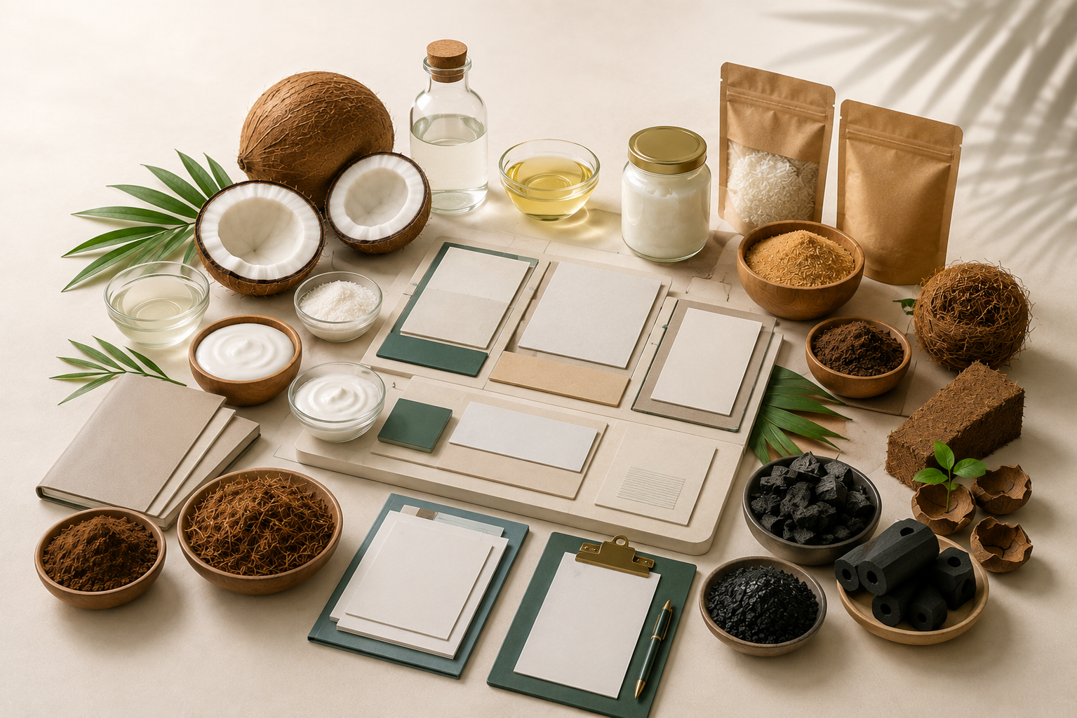 Organised presentation of Indonesian coconut products, packaging references and commercial information representing a structured B2B ecosystem.